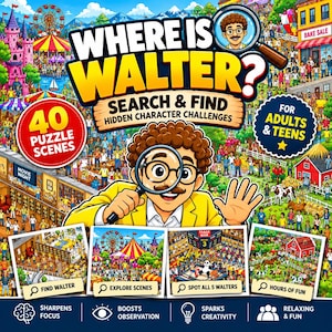 Op de afbeelding: Een Where is Walter? zoekboek-omslag met een stripfiguur met bruin krullend haar, een bril en een geel jasje die een vergrootglas vasthoudt. De omslag bevat tekst, 40 puzzelscènes en iconen voor focus, observatie, creativiteit en plezier.