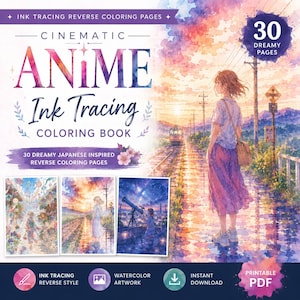 Può includere: Un libro da colorare digitale intitolato Cinematic Anime Ink Tracing Coloring Book con 30 pagine da sogno. La copertina mostra un'illustrazione ad acquerello di una persona vicino ai binari del treno al tramonto, con tre immagini di esempio.