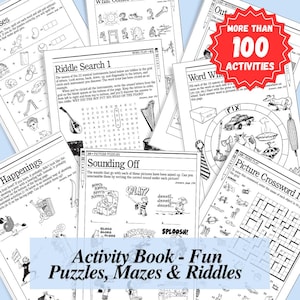 Puede incluir: Un libro de actividades con varios rompecabezas, laberintos y acertijos. Las páginas presentan búsquedas de palabras, crucigramas y rompecabezas de imágenes. Un gráfico de estrella roja dice "Más de 100 actividades". El título del libro es "Activity Book - Fun Puzzles, Mazes & Riddles."