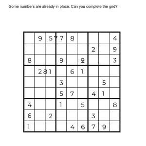 May include: A Sudoku puzzle grid with some numbers filled in, ready to be solved. The text "Sudoku" is at the top, with instructions below. The grid is on a white background.