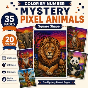Malen nach Zahlen, Pixel-Tier-Rätsel, quadratische Form, 35 Seiten, 20 Farben, zum Ausdrucken