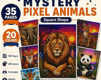 Colorea por números, Animal Pixel Misterioso, Forma cuadrada, 35 páginas, 20 colores, Imprimible