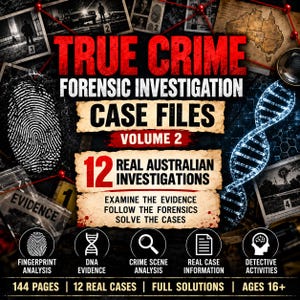May include: A True Crime Forensic Investigation Case Files Volume 2 book cover featuring a fingerprint, a DNA strand, and a map of Australia. Text includes 12 Real Australian Investigations, Examine the Evidence, and 144 Pages, 12 Real Cases.