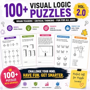 Op de afbeelding: Een verzameling visuele logische puzzels, Vol. 2.0, met meer dan 100 puzzels. De cover toont de tekst "100+ Visual Logic Puzzles" in paars, met hersenkrakers, kritisch denken en plezier voor alle leeftijden. Bevat hersenkrakers, logica en patroonherkenning.