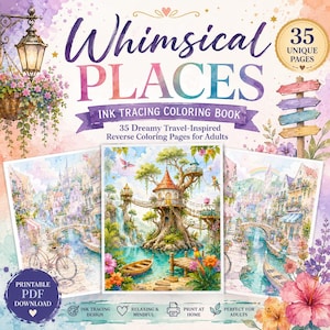 以下が含まれることがあります： 35のユニークなページを持つ「Whimsical Places Ink Tracing Coloring Book」というタイトルの塗り絵。表紙には、旅行をテーマにした水彩画のイラスト、吊り下げ式のランタン、木製の看板が描かれています。3つのサンプル画像が含まれています。