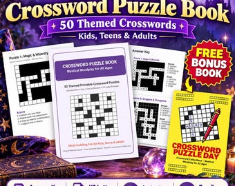 May include: A printable crossword puzzle book set featuring 50 themed puzzles for kids, teens, and adults. The collection includes an answer key, US letter PDF format, and a free bonus book. The pages display grid layouts and word clues.