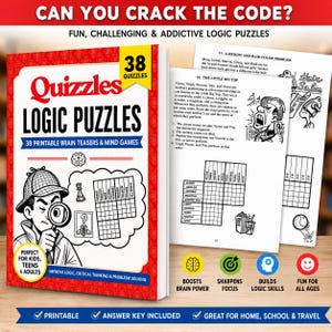 May include: A red and white book titled "Quizzles Logic Puzzles" with 38 brain teasers. The cover features a detective with a magnifying glass. The book promises to improve logic and critical thinking skills, and is suitable for all ages.