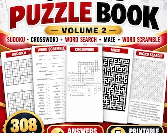 Puede incluir: El Ultimate Puzzle Book Volume 2 contiene 308 páginas de Sudoku, anagramas, crucigramas, laberintos y sopas de letras. La portada muestra el título en rojo y negro, con una insignia dorada que indica que las respuestas están incluidas.