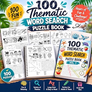 May include: A selection of word search puzzle books. The main book cover displays "100 Thematic Word Search Puzzle Book Vol. 1". Other books feature themes such as sea creatures, airport, fruits, baby stuff, and measuring devices. The image includes text that says "100 Fun", "100 Puzzles", and "Hours of Fun & Challenge!"