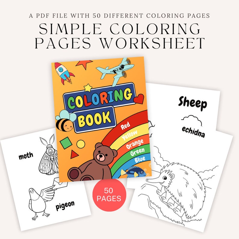 Simple Coloring Pages Worksheet for Kids 50 Designs - Etsy