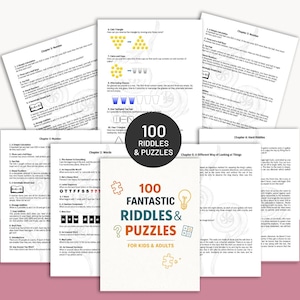Puede incluir: Un conjunto de páginas impresas con acertijos y rompecabezas, con un gráfico circular central que dice "100 Riddles & Puzzles". La portada presenta el texto "100 Fantastic Riddles & Puzzles for Kids & Adults."
