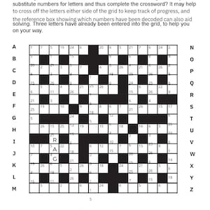 May include: A black and white crossword puzzle with a reference box. The puzzle has a grid of numbered squares and lettered rows. The text "Codeword" is at the top, and instructions are provided.