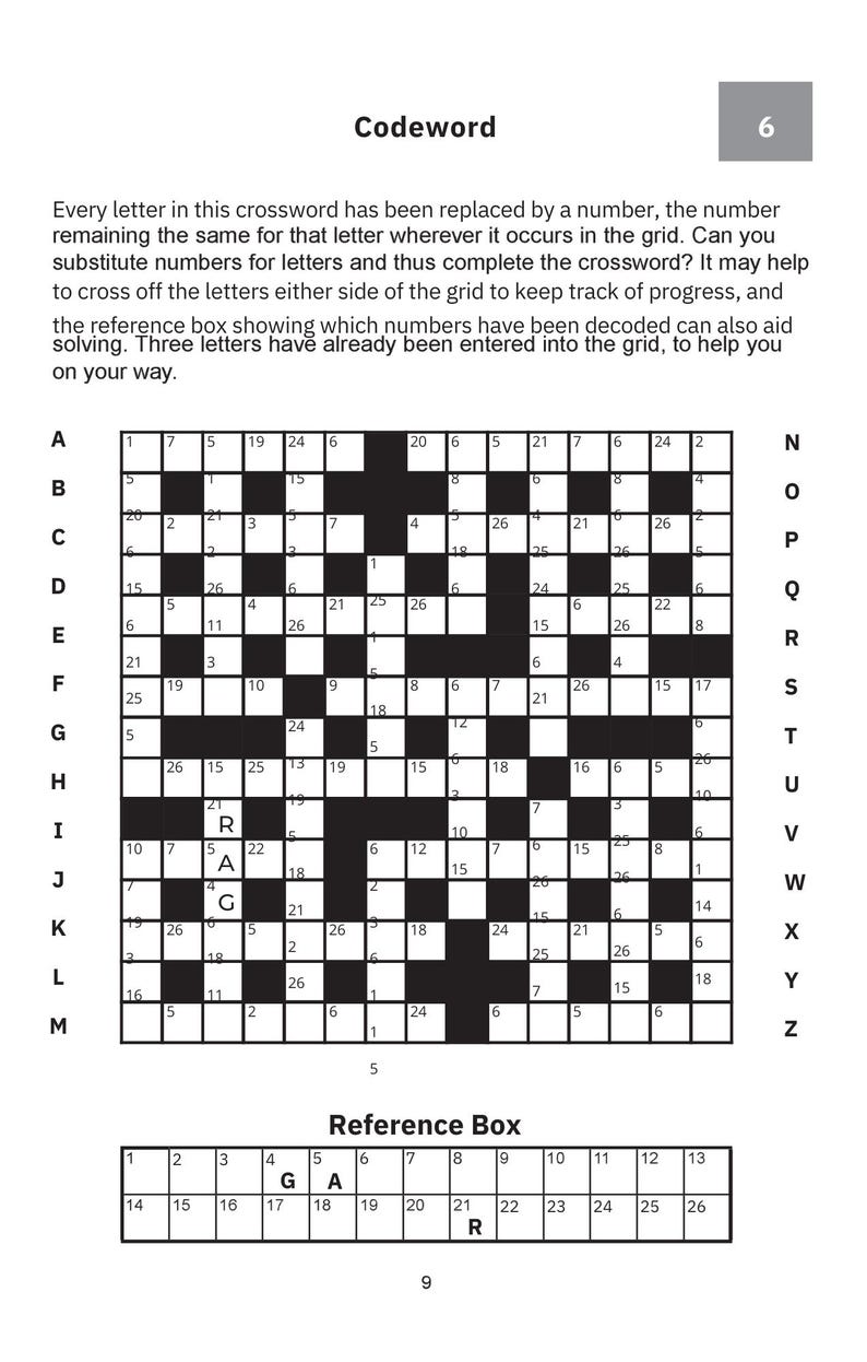 May include: A black and white crossword puzzle with a reference box. The puzzle has a grid of numbered squares and lettered rows. The text "Codeword" is at the top, and instructions are provided.