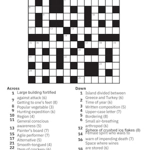 May include: A black and white crossword puzzle with numbered clues and a grid of blank squares. The word "Crossword" is at the top. Clues are listed below the grid, categorized as "Across" and "Down".