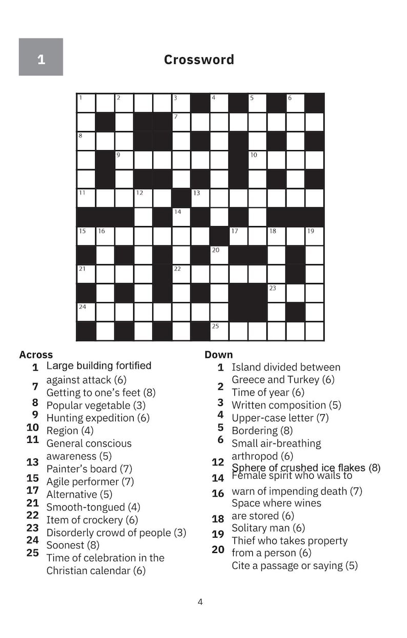 May include: A black and white crossword puzzle with numbered clues and a grid of blank squares. The word "Crossword" is at the top. Clues are listed below the grid, categorized as "Across" and "Down".