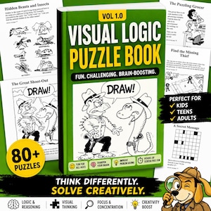 Op de afbeelding: Een groen Visual Logic Puzzle Book met de tekst "VOL 1.0" en "VISUAL LOGIC PUZZLE BOOK". De boekomslag bevat cartoon illustraties en het woord "DRAW!". Het boek is voor kinderen, tieners en volwassenen.