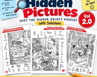 May include: A Hidden Pictures Vol 2.0 activity book featuring black and white line art puzzles. The cover displays three sample pages with scenes titled Making our own aeroplane, Enjoying an indoor game, and Having tea with Grandma, each surrounded by lists of items to find.