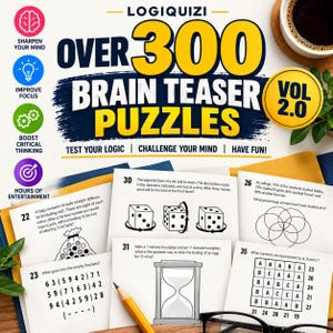 Op de afbeelding: Een Logiquizi-puzzelboekcover getiteld Over 300 Brain Teaser Puzzles Vol 2.0, met teksten zoals Sharpen Your Mind, Improve Focus, Boost Critical Thinking en Hours of Entertainment naast verschillende logische puzzelkaarten.