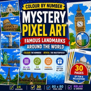 Puede incluir: Un libro de "Mystery Pixel Art" colorido con famosos monumentos del mundo. La portada muestra imágenes pixeladas del Taj Mahal, el Big Ben y la Estatua de la Libertad. Incluye 30 páginas, 24 colores y una cuadrícula de 80x80 píxeles.