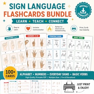 May include: Sign language flashcards bundle with alphabet, numbers, everyday signs, and basic verbs. Includes over 100 cards. Printable PDF for classrooms and homeschooling. Learn, teach, and connect with this educational resource.