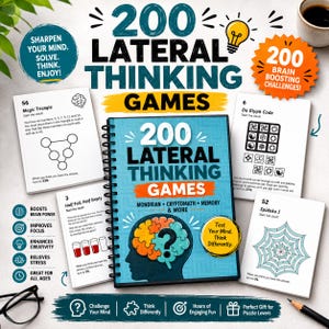 Könnte beinhalten: Ein Spiralbuch mit dem Titel "200 Lateral Thinking Games" mit Herausforderungskarten. Das Cover zeigt ein Gehirn-Grafik und den Text "Testen Sie Ihren Verstand. Denken Sie anders." Zusätzliche Karten zeigen Rätsel. Der Text lautet: "Schärfen Sie Ihren Verstand. Lösen. Denken. Genießen!"