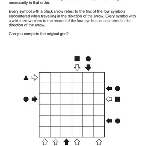 May include: A black and white IQ puzzle with a grid, arrows, and various shapes. The text "IQ Puzzle" is at the top, and instructions are provided. The number 40 is in the top right corner.