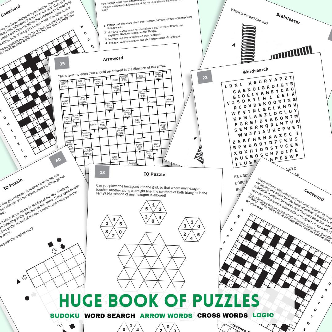 Puzzle Book: Logic Games, Word Search, Crossword, Sudoku (Print Ready A4 File Included)