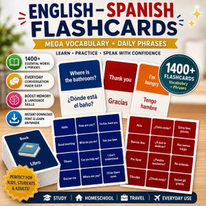 Puede incluir: Tarjetas didácticas inglés-español con más de 1400 palabras y frases de vocabulario. Incluye frases de conversación cotidianas. Las tarjetas están diseñadas para niños, estudiantes y adultos. Frases: "¿Dónde está el baño?" y "Gracias".