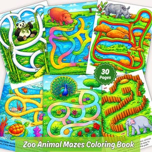 May include: A collection of colorful children's activity books featuring zoo animal mazes. Each page has a different animal, including a panda, hippo, rhino, peacock, elephant, and turtle, with a maze path to follow. The text "30 Pages" is visible.