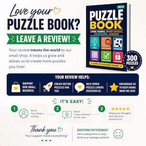 May include: A navy blue puzzle book with the title "PUZZLE BOOK" and the subtitle "LOGIC GAMES, WORD SEARCH, CROSSWORD, SUDOKU." The image also includes instructions on how to leave a review and a thank you message.