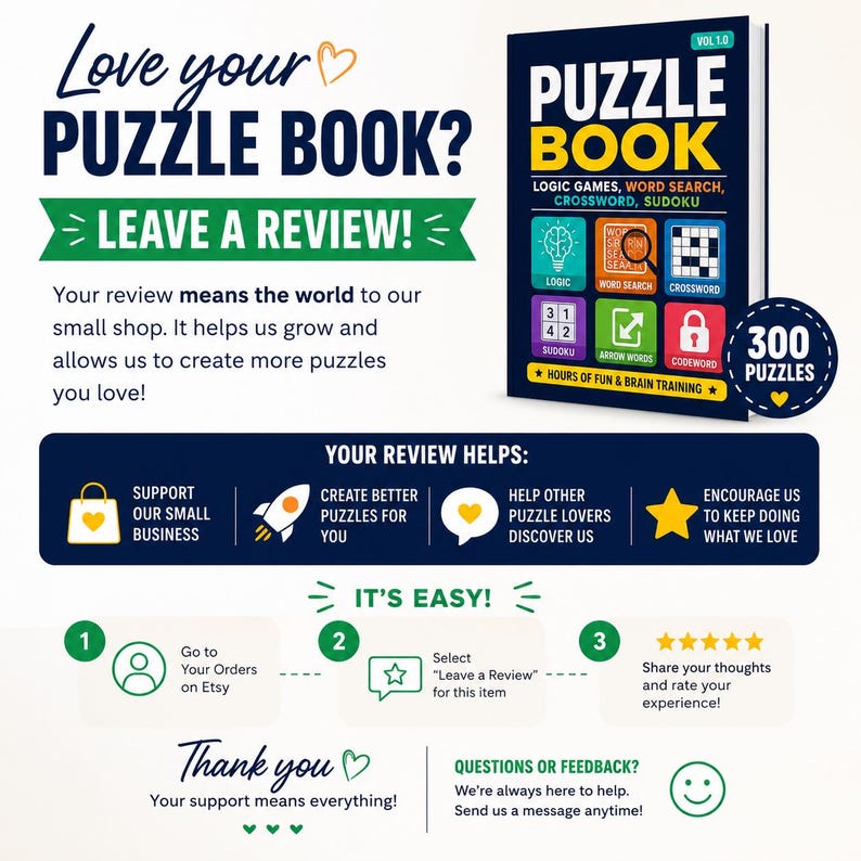 May include: A navy blue puzzle book with the title "PUZZLE BOOK" and the subtitle "LOGIC GAMES, WORD SEARCH, CROSSWORD, SUDOKU." The image also includes instructions on how to leave a review and a thank you message.