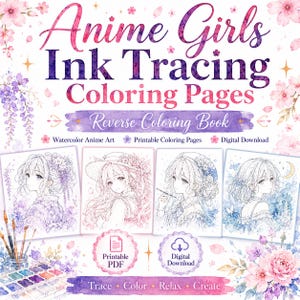 Può includere: Un prodotto scaricabile digitalmente intitolato Anime Girls Ink Tracing Coloring Pages Reverse Coloring Book. L'immagine presenta quattro illustrazioni al tratto di personaggi in stile anime circondate da motivi floreali ad acquerello e testo.