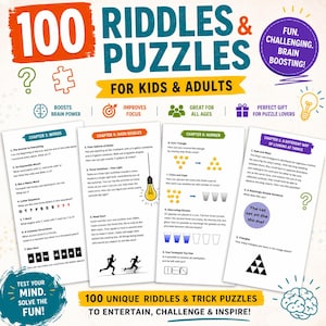 May include: A colorful book cover with the text "100 Riddles & Puzzles for Kids & Adults." The cover includes puzzle examples, icons, and the phrases "Boosts Brain Power," "Improves Focus," and "Great for All Ages."