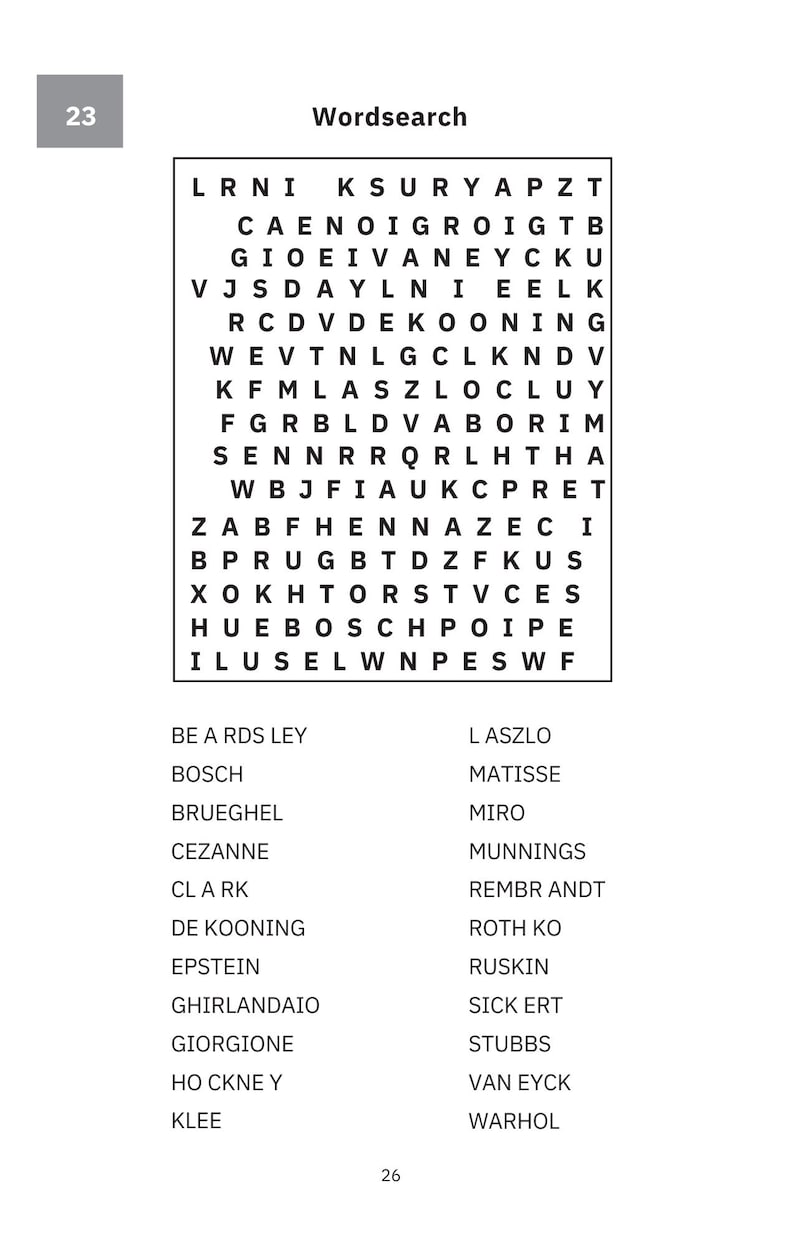 May include: A page from a word search puzzle book. The title "Wordsearch" is at the top, with a grid of letters and a list of words below. The page number is 23.