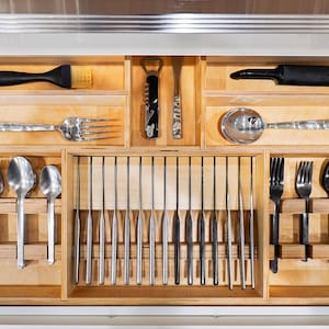 Custom Kitchen Drawer Organizer with individual cut outs for utensils and knives - Custom Made from Solid Maple or Walnut