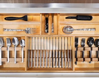 Custom Kitchen Drawer Organizer with individual cut outs for utensils and knives - Custom Made from Solid Maple or Walnut