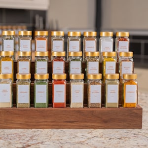 Spice Rack for Kitchen Countertop or Cabinet Customizable Spice Jar Organizer with Tiered Shelves Solid Maple Walnut White Oak Wood