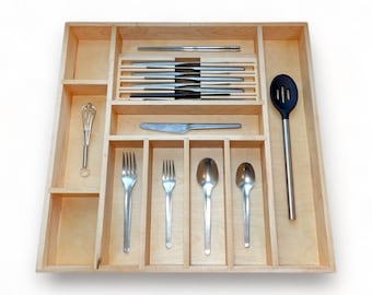 Organizador de cajones de cocina a medida para utensilios, cubiertos, repostería, organizador de cuchillos, regalo de inauguración de casa, madera maciza de arce.