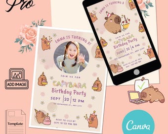 Modello di invito per il compleanno di Capibara. Richiede Canva PRO. Aggiungi la tua foto nell'invito.