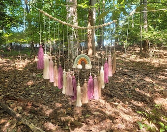 Tassel Garland, Boho Nursery Decor, Rainbow Pendant, Wooden Beads