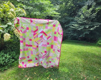 Vibrant 62x70 Handmade Quilted Blanket, Colorful quilt, summertime quilt, picnic blanket, throw quilt