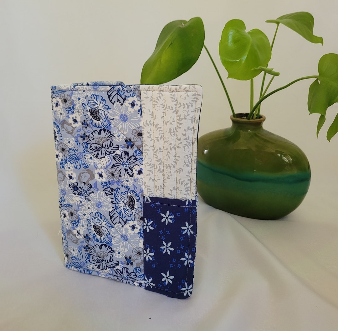 Quilted Notebook Cover Blue Flowers, Cloth Notebook Cover Handmade