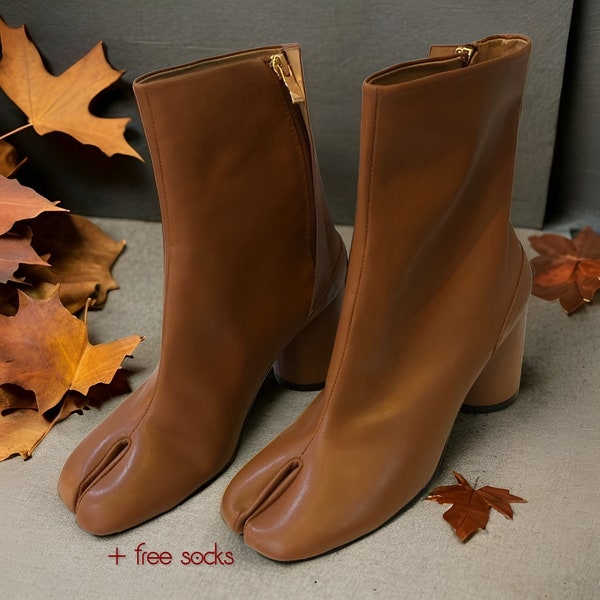 Women's Leather Tabi Split-Toe Brown Boots with Zipper and 6cm Heel (+ free socks!) - Japanese-Inspired Platform Ankle Booties