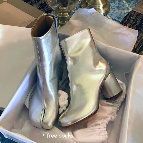 Women's Leather Tabi Split-Toe Silver Boots with Zipper and 6cm Heel (+ free socks!) - Japanese-Inspired Platform Ankle Booties