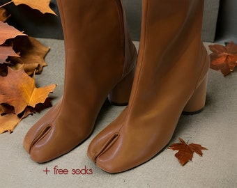 Women's Leather Tabi Split-Toe Brown Boots with Zipper and 6cm Heel (+ free socks!) - Japanese-Inspired Platform Ankle Booties