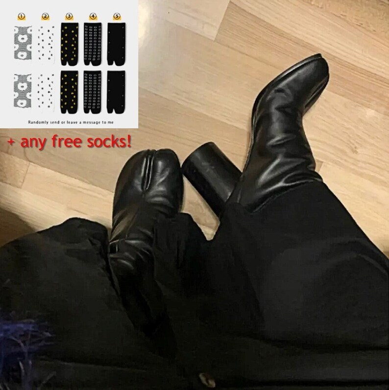 Women's Leather Tabi Split-Toe Black Boots with Zipper and 7.5cm Heel free socks Japanese-Inspired Platform Ankle Booties zdjęcie 2