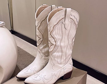 White Cowboy Boots, Thigh High Boots, Women's Leather Boots, Embroidered Cowgirl Boots, Western Boots