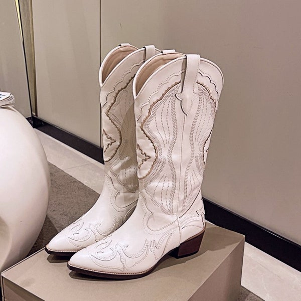 White Cowboy Boots, Thigh High Boots, Women's Leather Boots, Embroidered Cowgirl Boots, Western Boots