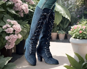 Womens Blue Witchy Square Toe High Heel Boots | Women's Long Viking Lace-Up Chunky Heel Shoes | High Heel, Perfect Gift For Her