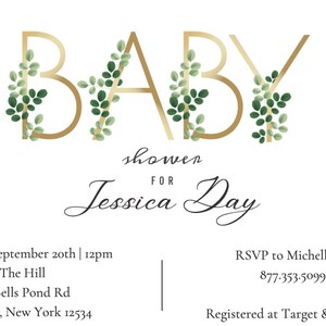 Editable Greenery and Gold Baby Shower Invitation Template